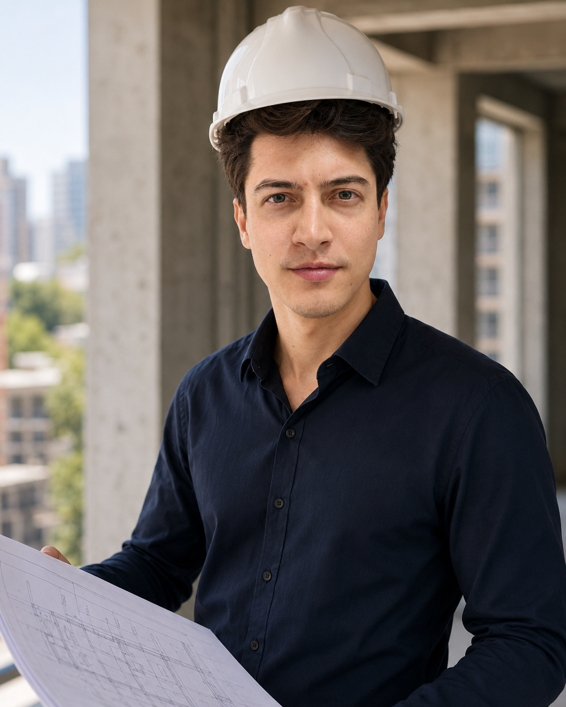 Engenheiro civil Guilherme Frigo em uma edificação